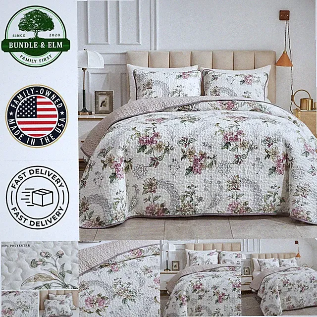 Lightweight Microfiber Quilt Set with Floral Design and 2 Pillow Shams Included