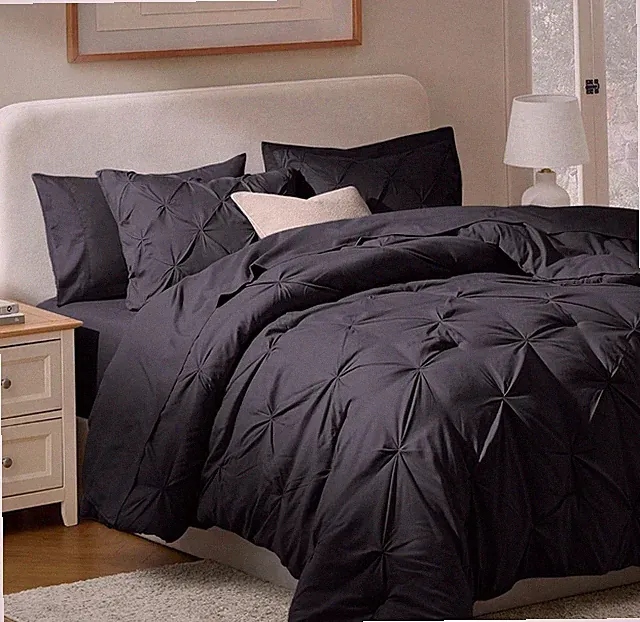 Nestl 7 Piece King Comforter Set - Pinch Pleated Black, All Season King Bed Set