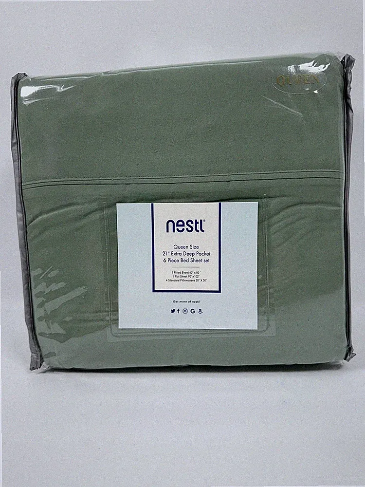 Nestl Extra Deep Pocket Queen Size Sheets Set 6 Piece Bedding Green