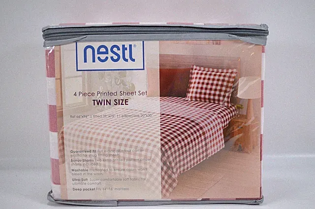 Nestl Extra Deep Pocket Twin Size Sheets Ultra Soft 4-Piece Set Red White Check