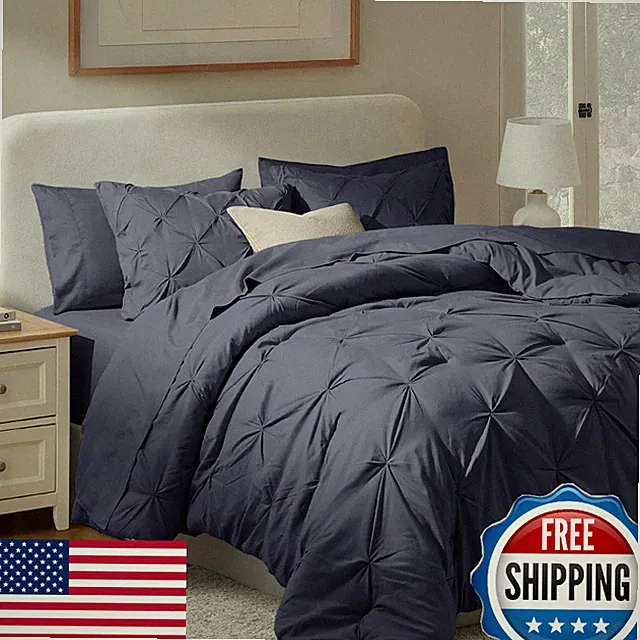 Nestl QUEEN Comforter Set, 7-Piece Pinch Pleated Comforter Set, Navy